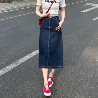 GHAOHES กระโปรงยีนส์ ผญ /S-3XL/ เอวสูง ผ้าไม่ยืด ผ่าหลัง กระโปรงผู้หญิงสีเข้ม ทรงสวย พร้อมส่งค่ะ V76