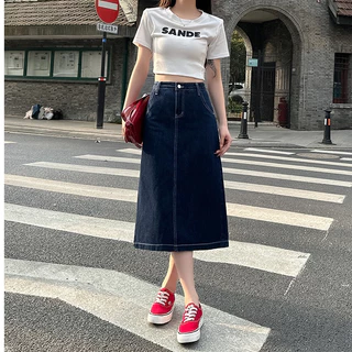 GHAOHES กระโปรงยีนส์ ผญ /S-3XL/ เอวสูง ผ้าไม่ยืด ผ่าหลัง กระโปรงผู้หญิงสีเข้ม ทรงสวย พร้อมส่งค่ะ V76