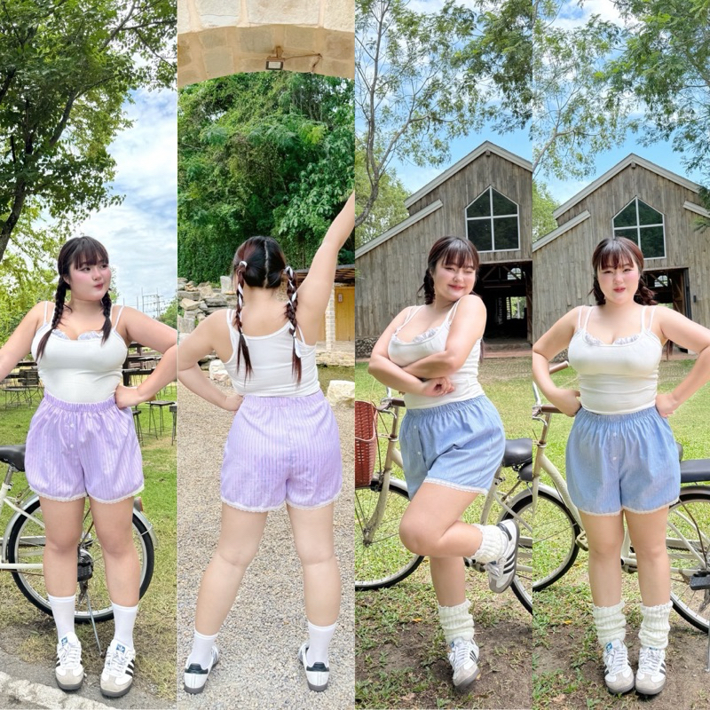 /WP/ กางเกงสาวอวบ บ็อกเซอร์ ลายริ้ว แต่งลูกไม้ เสื้อผ้าพลัสไซส์ สาว อ้วน พลัสไซส์ กางเกงไซส์ใหญ่