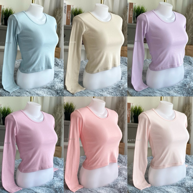 [503] เสื้อครอปคอกลม แขนยาว ผ้าคอตตอน ทรงสวยใส่สบายมีเก็บเงินปลายทาง