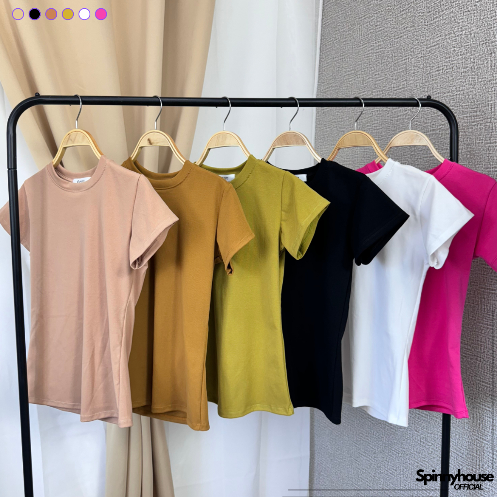SpinnyHouse เสื้อยืดผู้หญิง ผ้ายูนิโค่ ทรงรัดรูป แขนสั้นรอบคอ ใส่แล้วดูผอมสุด ผ้ายืดตามตัว สาวอวบก็ใสได้ค่า รุ่น กิมจิ