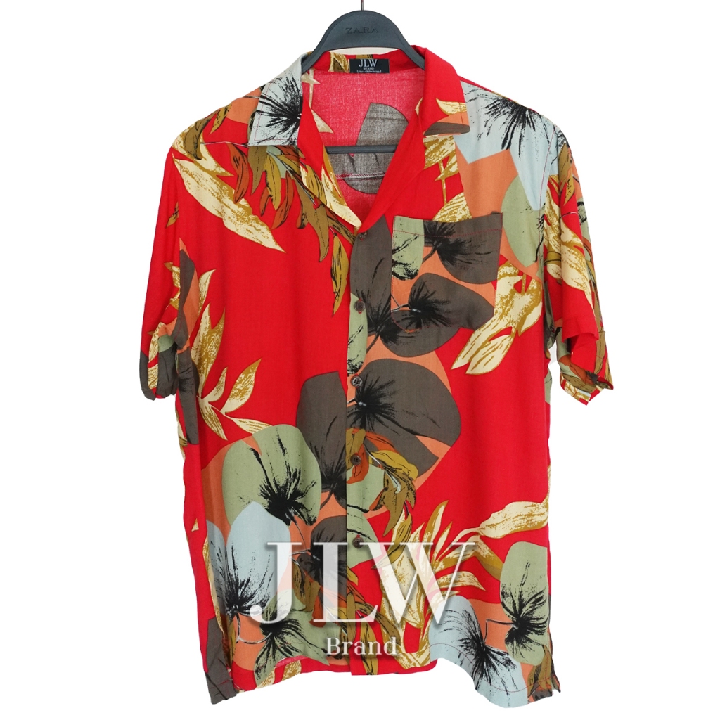เสื้อฮาวาย ตรุษจีน ลายพระจันทร์เต็มดวง แดง ผ้านิ่มใส่สบาย JLW BRAND ผ้าเรย่อน
