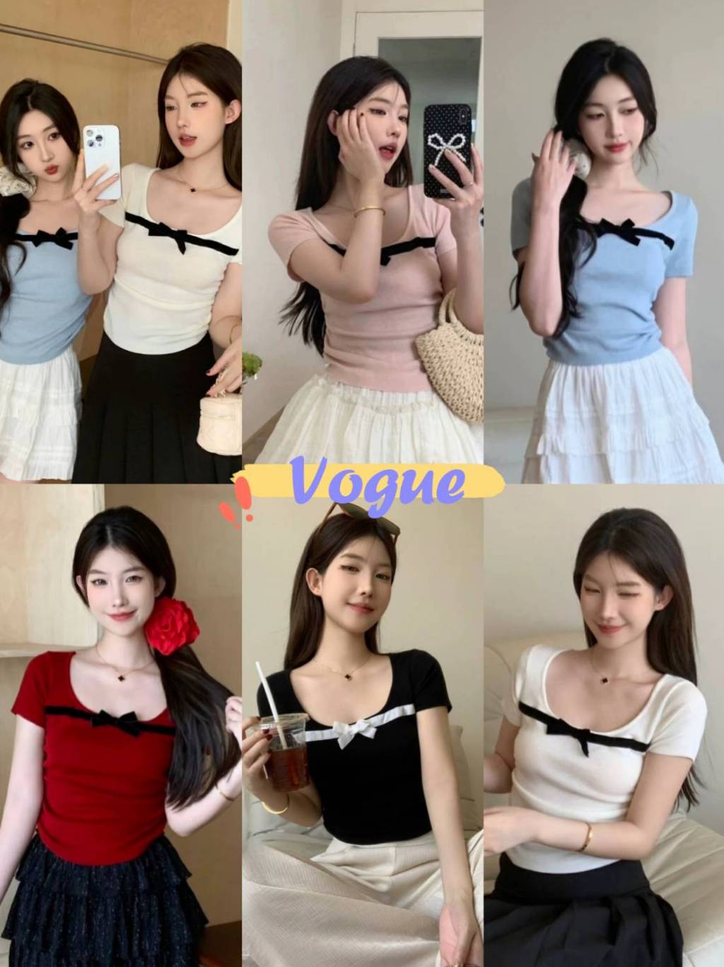 Vogue พร้อมส่ง เสื้อยืดครอปไหมพรม แขนสัน คอกลม สีพาสเทล แต่งสายคาดโบว์ (S31)