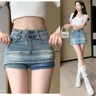 GHAOHES  กระโปรงยีนส์สั้น   ซับในเป็นกางเกง    เซ็กซี่ เข้าร…