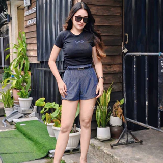 งานไทย🧡LADY DAKA SHOP🧡ชุดเซ็ต2ชิ้น โบว์ เสื้อย่นข้างแต่งโบว์ กางเกงริ้วขาสั้น