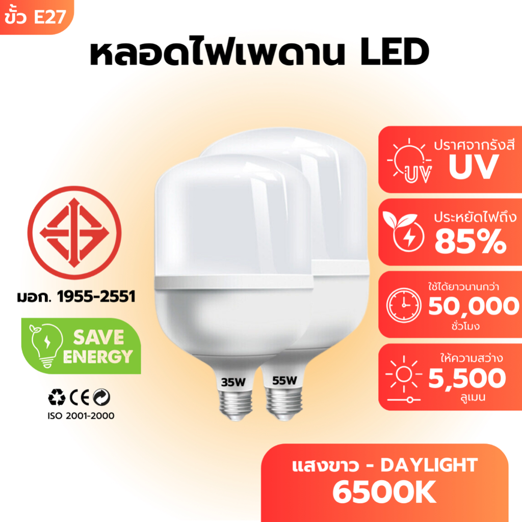หลอดไฟ LED ประหยัดไฟ  35W 55W มอก. หลอดฟบ้าน ไฟเพดาน ใช้งานนาน ไฟมินิมอล กันชื้น  LED BLUB