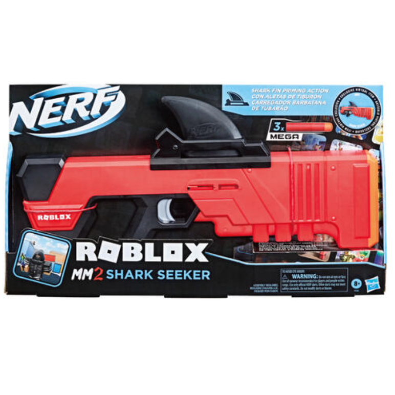 NERF Roblox MM2: Shark Seeker Dart Blaster, Shark-Fin Priming, 3 Mega Darts, Code to Unlock in-Game 