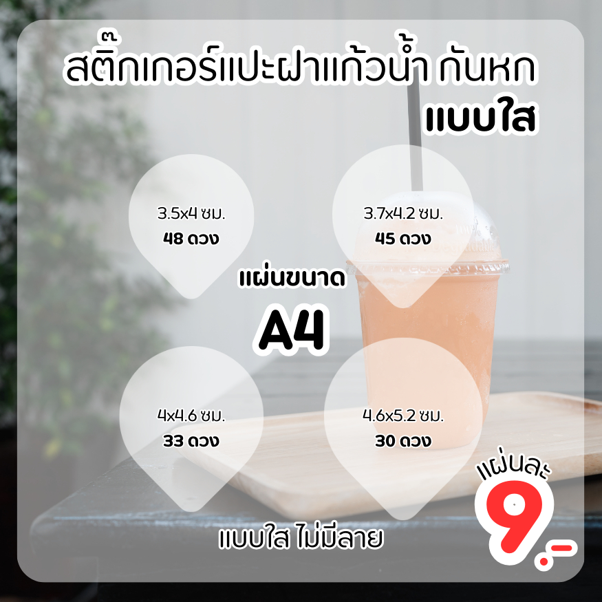 สติ๊กเกอร์ ปิดฝาแก้ว กันหก สติ๊กเกอร์ใส ขนาดA4 (No.12)