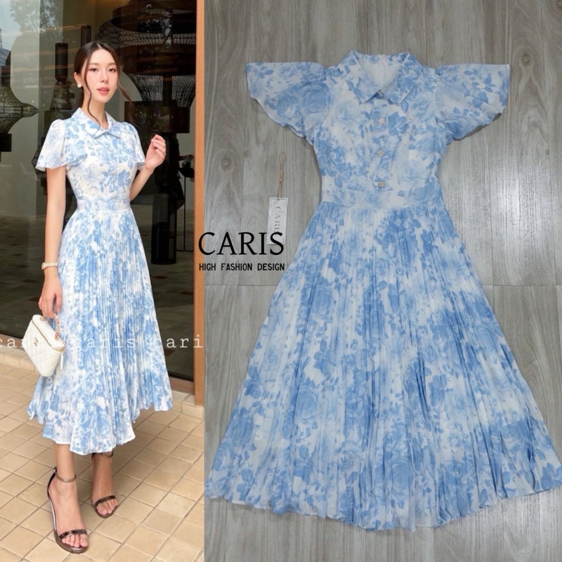 CARIS Dress ยาว คอปก แขนกระดิ่ง เดรสสีฟ้า เดรสพลีท ชุดออกงาน ชุดทำงาน เรียบหรู