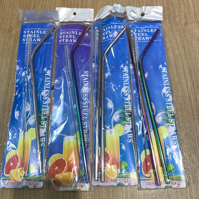 พร้อมส่ง หลอดคู่ หลอดสแตนเลส หลอดตรง+งอ+แปรงทำความสะอาด