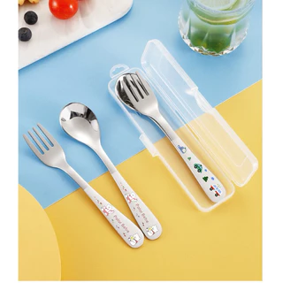 ชุดช้อนส้อมเด็ก สแตนเลส304 แบบยาว พร้อมกล่อง ช้อนส้อมฝึกกินข้าว Kid Spoon Fork Set