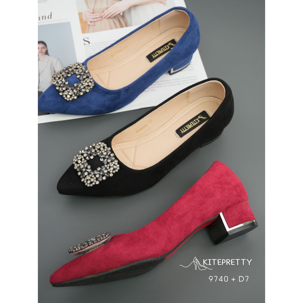 **สินค้าพร้อม** K9740 รองเท้าคัทชูงานผ้ากำมะหยี่ ส้นก้อน 1.5นิ้ว ไซส์35 - 44