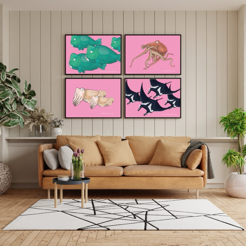 ภาพพิมพ์สัตว์ทะเล Club Dive กระดาษอาร์ตเกรด Premium ขนาด A3(30x42cm)**ไม่มีกรอบรูป*Good design Divin