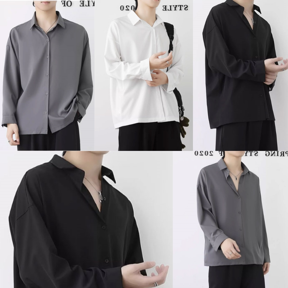 WMA35 เสื้อเชิ้ตแขนยาว เรียบๆ ทรงหลวมคอปก ขนาดใหญ่ สไตล์เกาหลีผู้ชาย M-2XL แฟชั่นโอปป้าคลุมโทน สีขาว