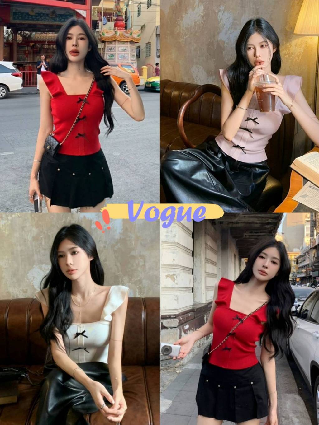 Vogue🌟พร้อมส่ง🌟 เสื้อกล้ามไหมพรม แต่งแขนระบาย ดีเทลติดโบว์ (AC05)