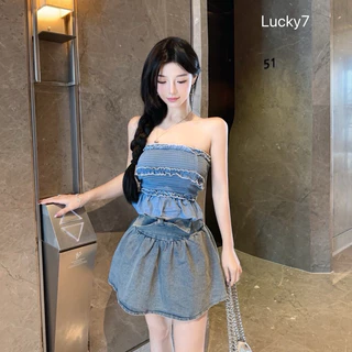 BY IRA (7186/23101) Strapless denim Tube Top, kawaii style เสื้อยีนส์เกาะอกแฟชั่นสุดชิค สไตล์เกาหลี