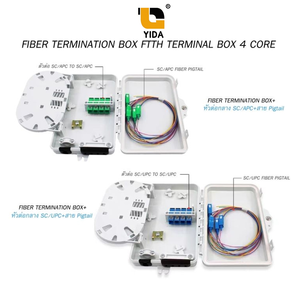 กล่องแยก สายไฟเบอร์ออฟติก สำหรับพักจุดเชื่อมต่อสายไฟเบอร์ 4 Core แบบกันน้ำ พร้อม ตัวต่อ pigtail