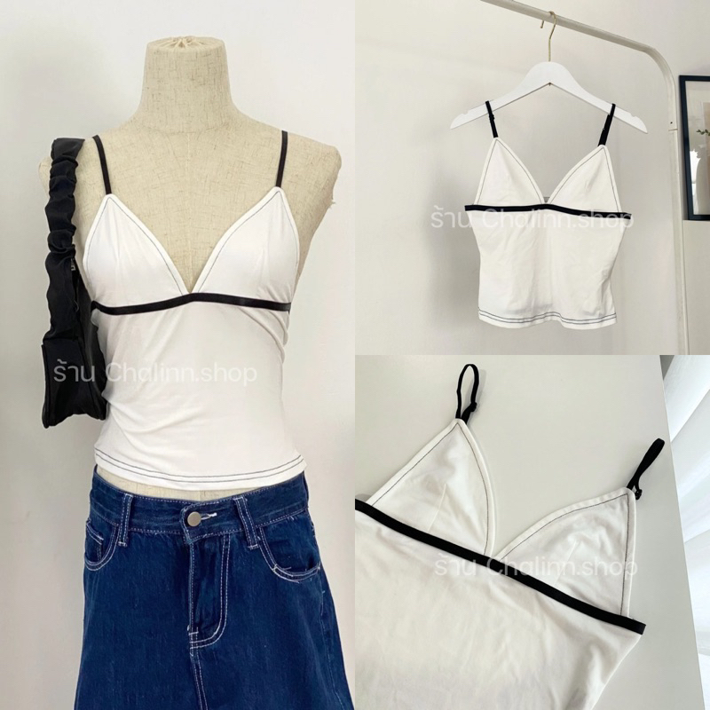 (พร้อมส่งจากกทม.) Chalinnshop (TS/M16) เสื้อท็อปสีขาวตัดขอบดำ