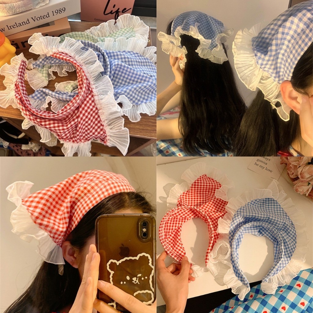 [PS-พร้อมส่งในไทย] ที่คาดผมแฟชั่นเกาหลีแบบผ้าคาดสามเหลี่ยมลายสก็อต ขนาด 15 cm. ชายผ้าระบายชีฟอง ผ้าไม่ร้อน ระบายอากาศได้