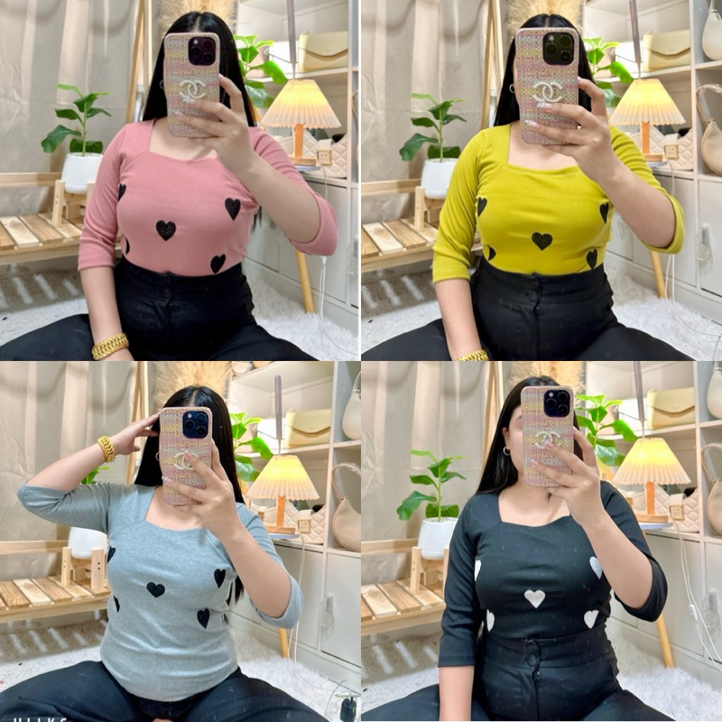 097 เสื้อสาวอวบคอเหลี่ยมแขน5ส่วนปักหัวใจ : อก 34-46