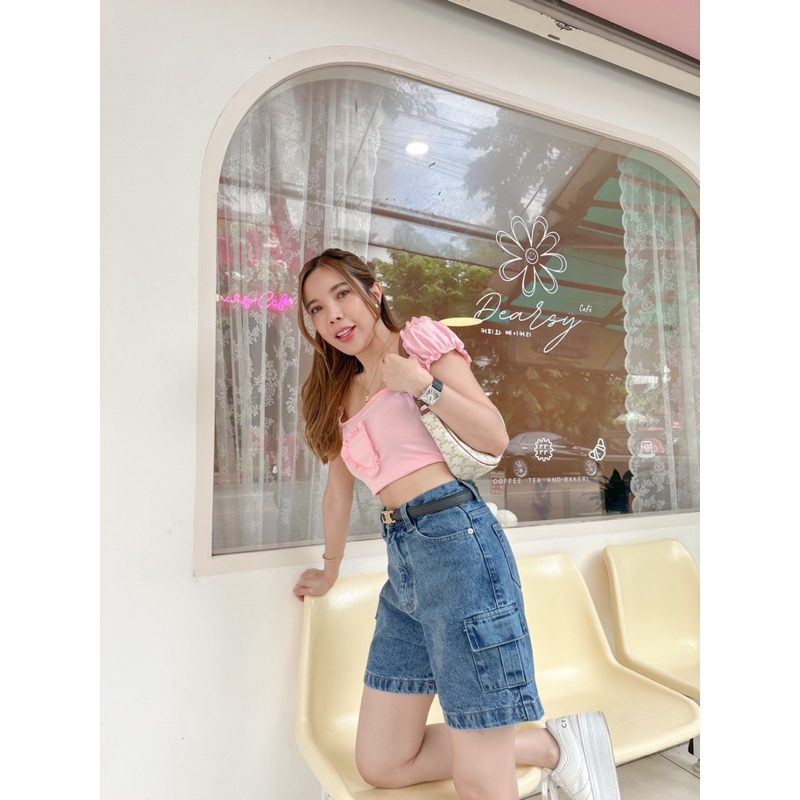 กางเกงยีนส์ขาสั้นทรงคาร์โก้ ป้ายSARAN มือสอง Size S สภาพใหม่ พร้อมส่ง