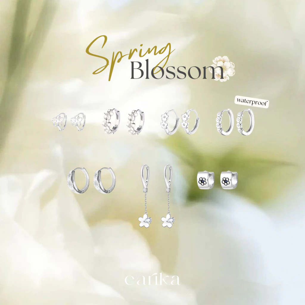earika.earrings - spring blossom hoop collection ต่างหูห่วงดอกไม้ก้านเงินแท้ชุบทองคำขาว ผิวแพ้ง่ายใส่ได้