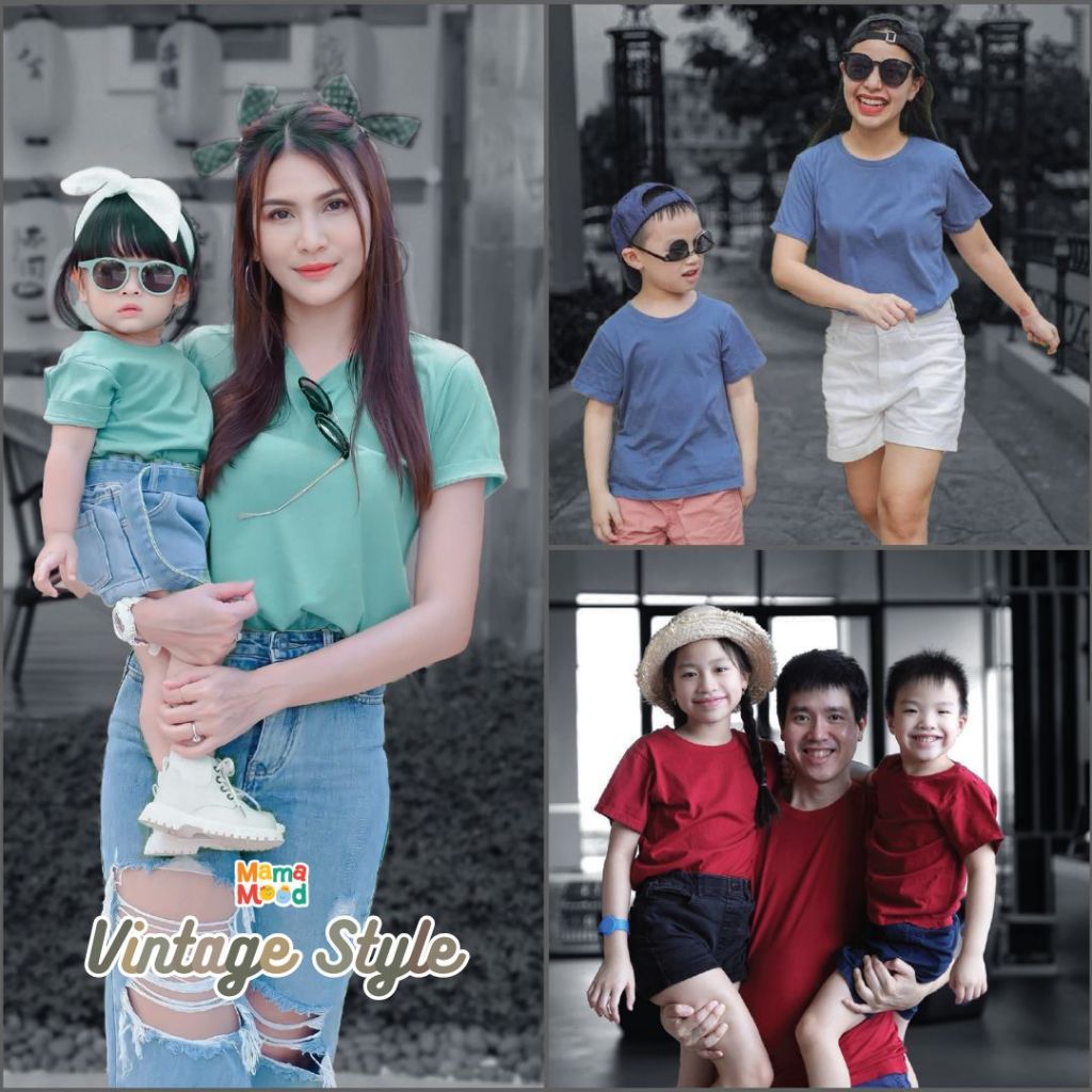 Mama Mood เสื้อยืดครอบครัว เสื้อยืดเด็ก แขนสั้น เสื้อผ้าเด็ก สีพื้น เนื้อนุ่ม ใส่สบาย ไม่ร้อน โทนวินเทจ 02