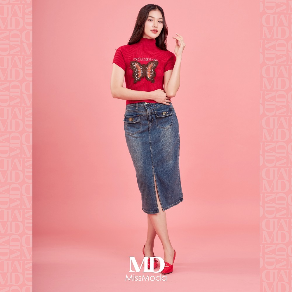 Missmoda รุ่น MC-241BJ035-BL กระโปรงยีนส์แบบยาวดีไซน์แหวกข้างหน้ากระเป๋าแต่งlogo สียีนส์ ราคา ถูกที่สุด ดีลบีเคเค แกลเลอรีภาพที่ 3