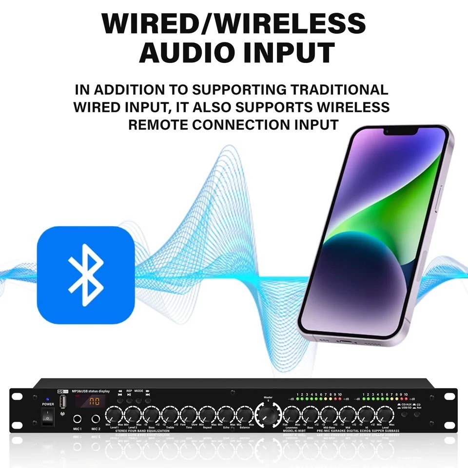 ปรีแอมป์คาราโอเกะ บลูทูธ แต่งเสียงเพลง/ไมค์เล่นmp3 USB/SD CARD มีSUB OUT K-95BT