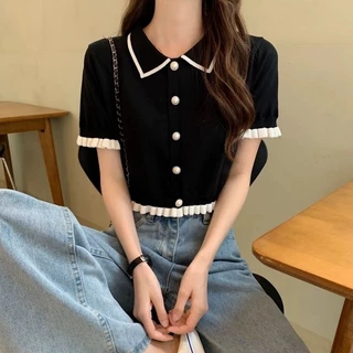 shop_sc [พร้อมส่ง] เสื้อไหมพรมแฟชั่นแขนสั้นผู้หญิง สไตล์เกาหลี คอปก เอวจั๊ม แต่งกระดุมมุข มี3สี