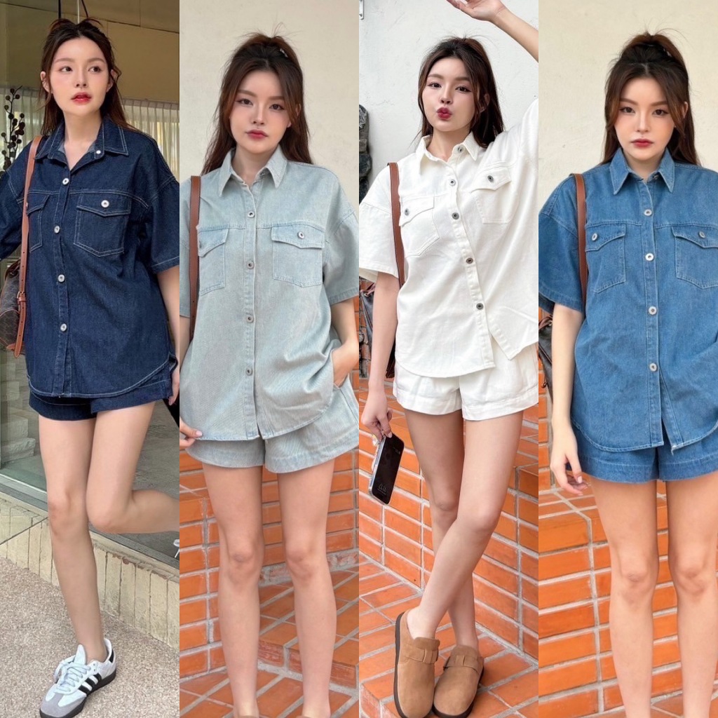 🍊Denim Set 1004 Set ยีนส์รุ่นใหม่ แบบใหม่ แบบเอยเกาหลี เสื้อเชิ้ตแขนสั้น กระดุมเหล็กปั้มอย่างดี แต่งกระเป๋าคู่