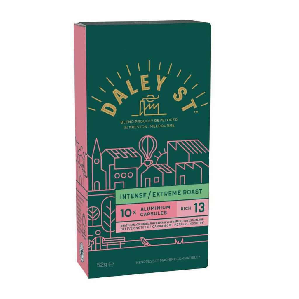กาแฟแคปซูล เดลีย์สตรีท คั่วเข้มมาก 10 แคปซูล ความเข้มระดับ 13/13 Daley Street Intense / Extreme Coffee Capsules 10 pack