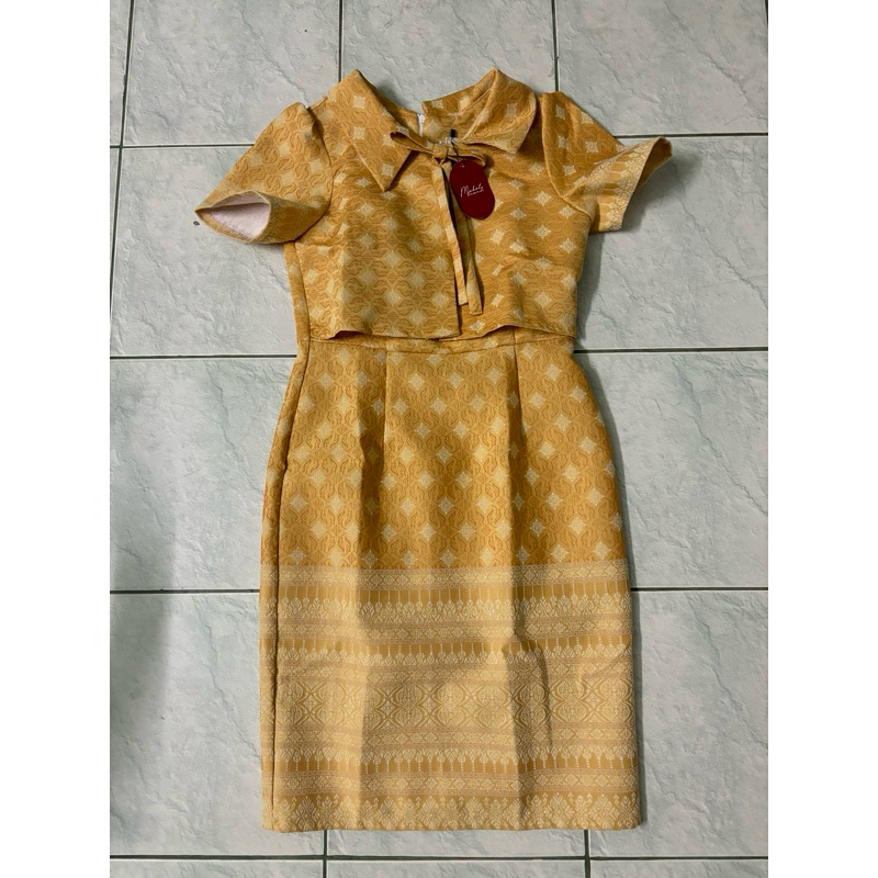 เดรสผ้าไทยสีเหลือง Size M มือ1 งานป้ายMable