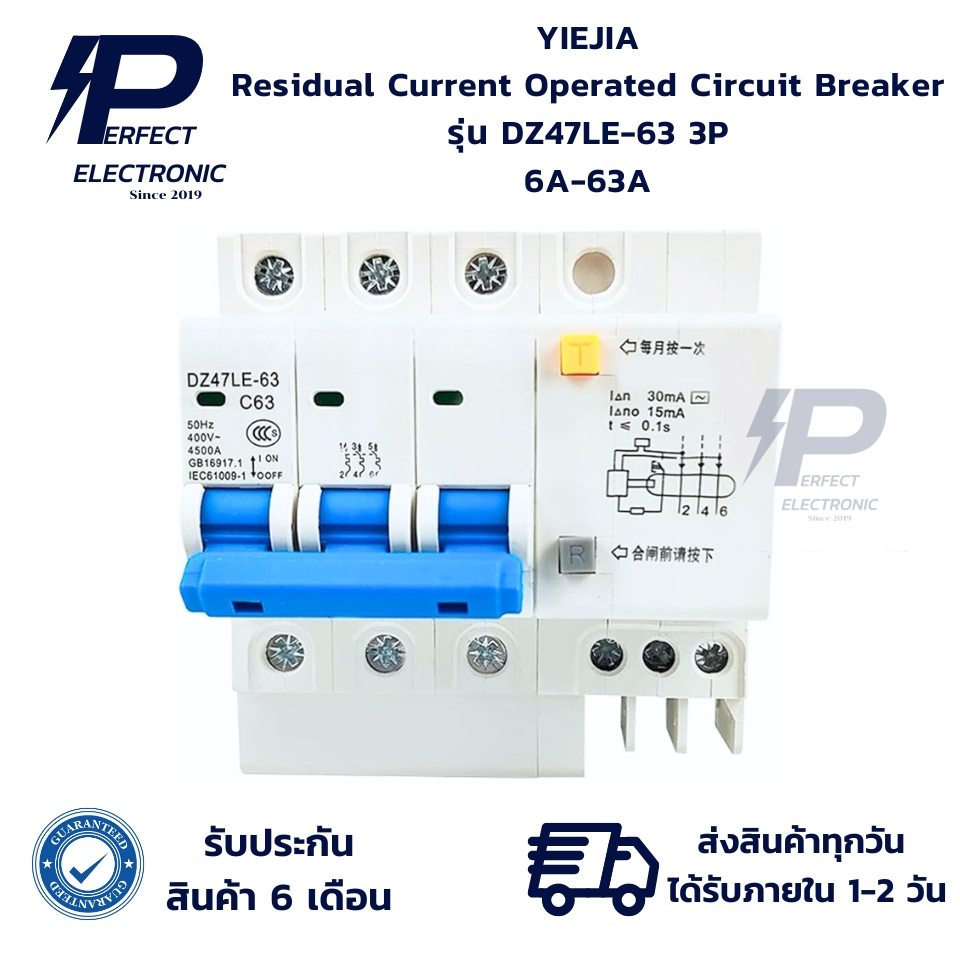 DZ47LE-63 3P YIEJIA Residual Current Operated Circuit Breaker 3P 6A-63A (รับประกันสินค้า 6 เดือน) มี