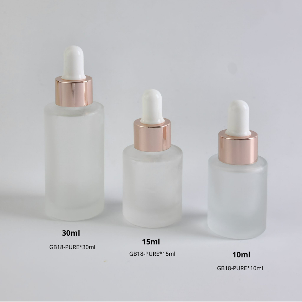 30ml 15ml 10ml ขวดแก้วพร้อมดรอปเปอร์ (ฝาสีชมพูพิงค์โกล์ จุกขาว) แพ็กเกจเครื่องสำอางสำหรับบรรจุเซรั่ม น้ำมันหอมระเหย