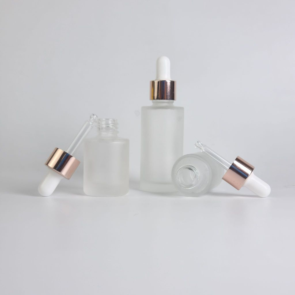 30ml 15ml 10ml ขวดแก้วพร้อมดรอปเปอร์ (ฝาสีชมพูพิงค์โกล์ จุกขาว) แพ็กเกจเครื่องสำอางสำหรับบรรจุเซรั่ม น้ำมันหอมระเหย