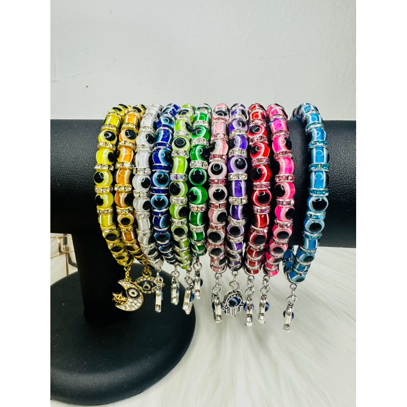 สร้อยข้อมือ Evil Eye 🧿 คริสตัล จี้ Hamsa ของแท้จากตุรกี ลูกปัด 6 มม.