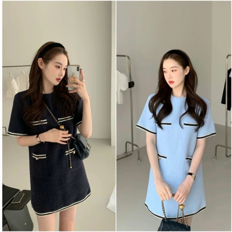 พร้อมส่ง2สี กรมท่าเข้ม ,ฟ้า เดรสสั้นผ้าทอ เดรสทำงาน D056