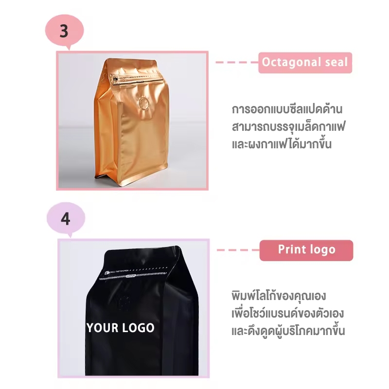 Coffee Bag ถุงบรรจุเมล็ดกาแฟ มีวาล์วระบายอากาศ มีซิปปิดล็อค ขยายด้านข้าง แบบซีล แพ็ค 50 ใบ - รูปที่ 3