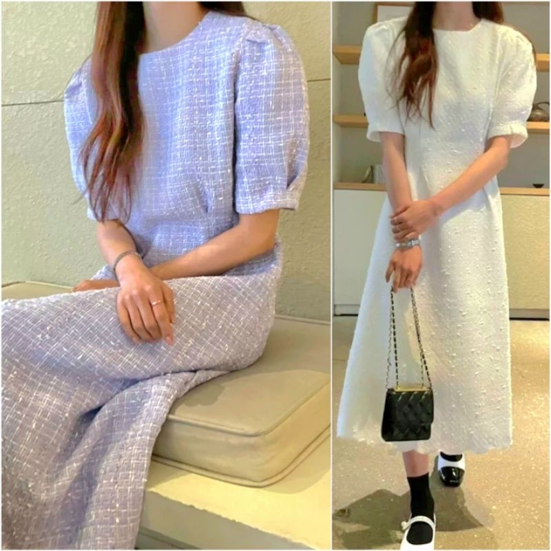D193 พร้อมส่ง2สี สีขาว, สีม่วง ชุดเดรสกระโปรงยาวผ้าทอ ใส่ได้หลายโอกาส
