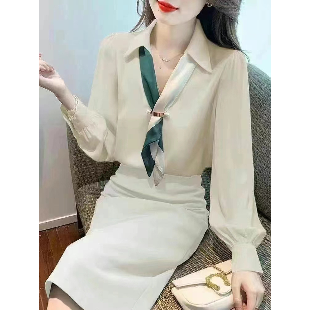 เสื้อเชิ้ตหญิงคอปกแขนยาวแต่งเนคไท office style ชุดใส่ทำงานเรียบๆ ใส่สบาย ไม่ร้อน