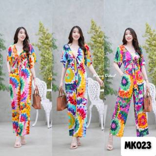 set 2 ชิ้นลายมัดย้อม เสื้อแขนสั้นผูกโบว์ด้านหน้าลายมัดย้อม +…