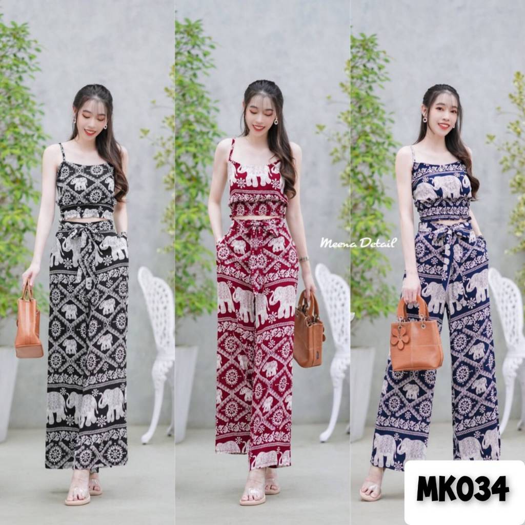 set 2ชิ้นลายช้าง เสื้อครอปสายเดี่ยวลายช้าง เอวจั้มตัดต่อมีสม๊อคที่เอว + กางเกงขายาว ชุดเซ็ท ชุดเซต