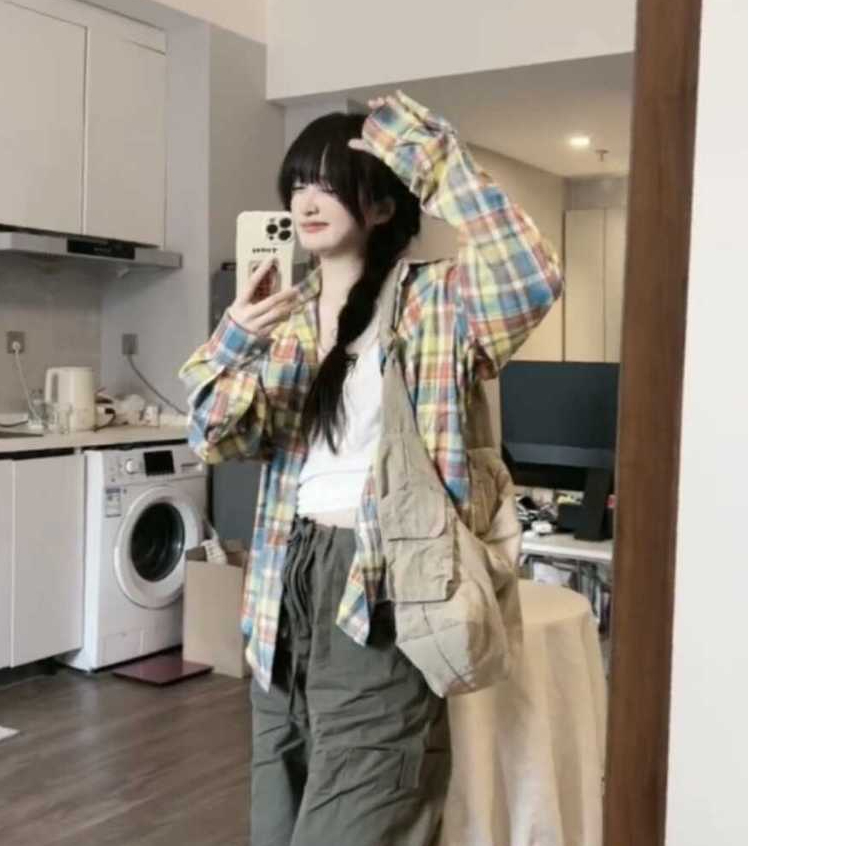 เสื้อเชิ้ตแขนยาวคอปกลายสก็อตโทนสีทูโทนตัดกัน CTB076 มีกระดุมหน้าอก46 มีกระเป๋า ฟรีไซส์สำหรับผู้หญิงฤ