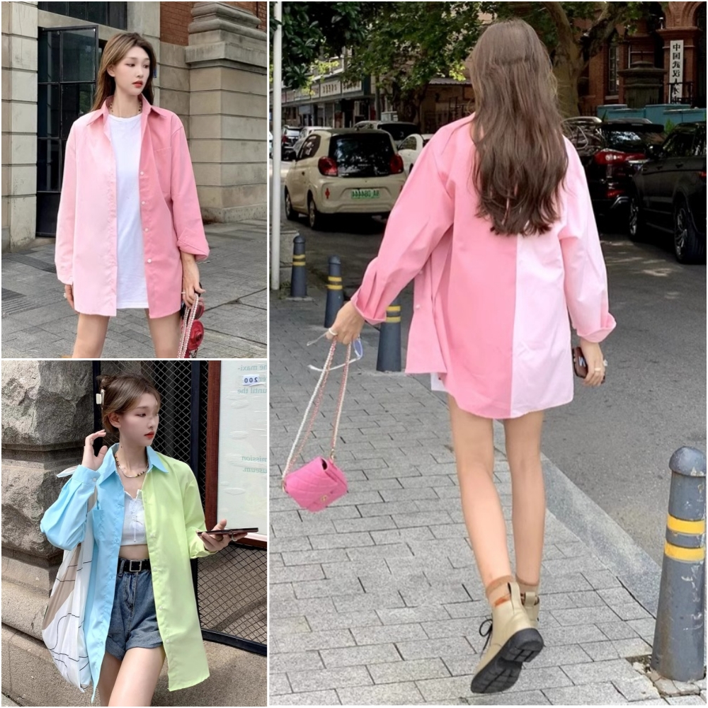 เสื้อเชิ้ตทูโทนสีน่ารักสดใสคอปกแขนยาว ❣ CTB067 ❣ พร้อมส่ง ผ้าไหมใส่สบายแฟชั่นฤดูร้อน สไตล์เกาหลีสําห