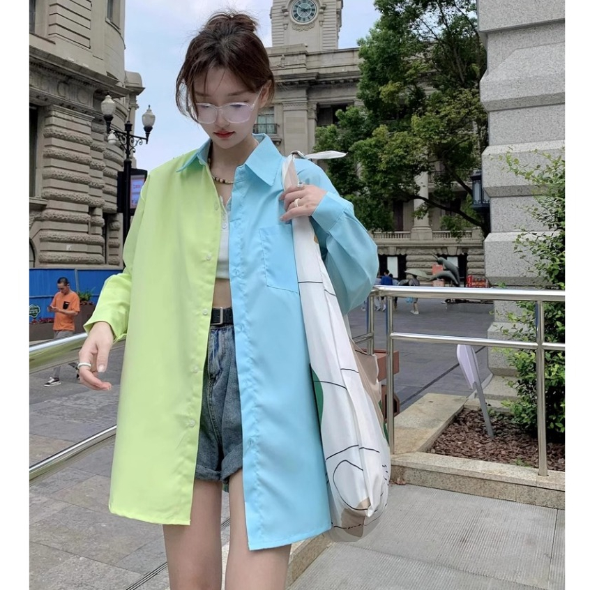 เสื้อเชิ้ตทูโทนสีน่ารักสดใสคอปกแขนยาว ❣ CTB067 ❣ พร้อมส่ง ผ้าไหมใส่สบายแฟชั่นฤดูร้อน สไตล์เกาหลีสําห