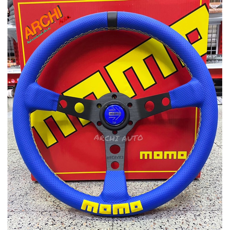MOMO steering wheel พวงมาลัยMOMO หนังแท้ พวงมาลัยแต่ง ขนาด 13.5“ นิ้ว ยก 2.5“ หนังน้ำเงิน/ปัก MOMO เ