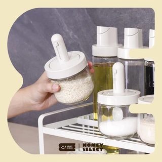 HomeyChoice ชุดโหลแก้วใส่เครื่องปรุง 6ใบ (300ML) ขวดใส่น้ำมัน 4ใบ (500ML) วัสดุ food grade พร้อมชั้นวาง รุ่น 8034