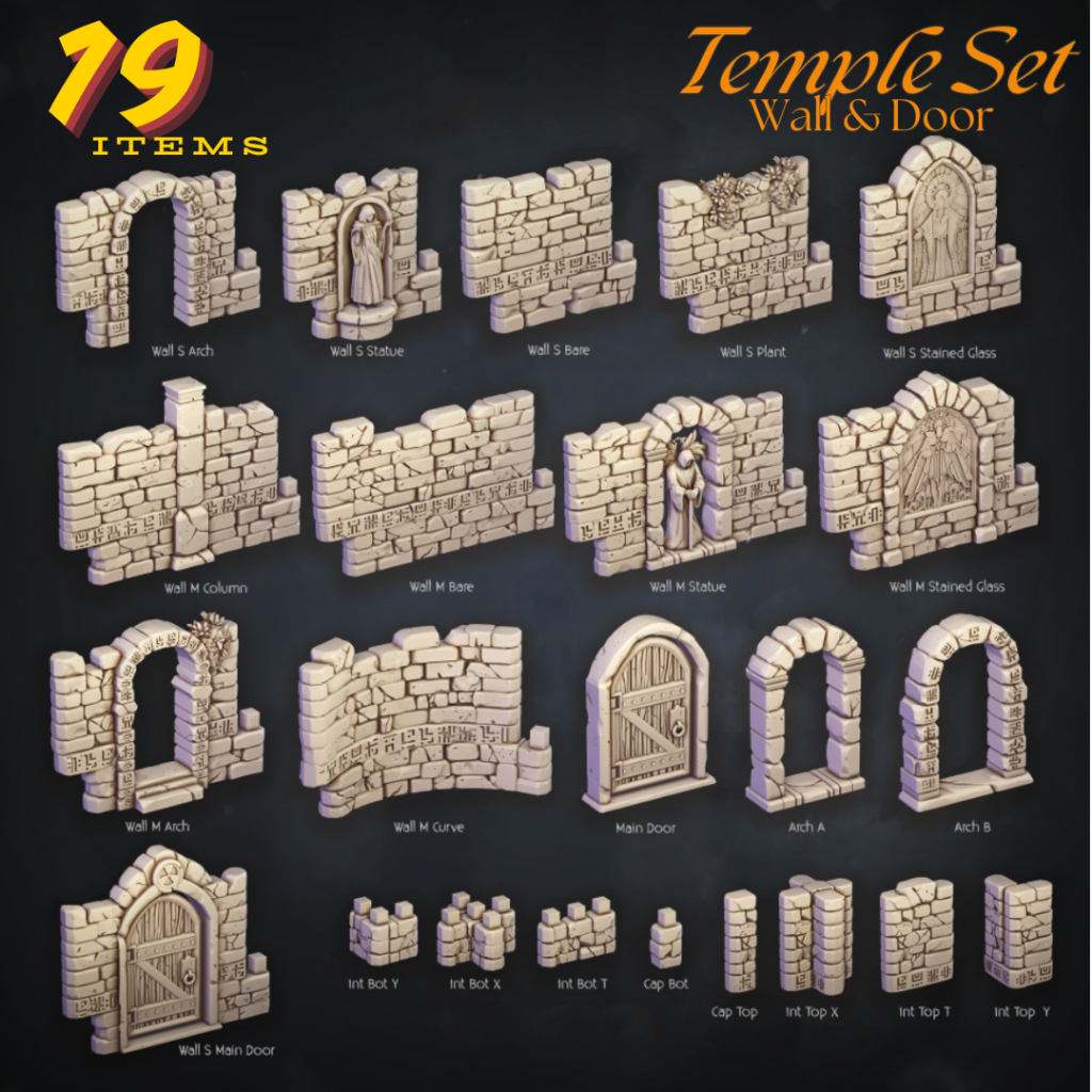 DnD Temple Set Wall & Door กำแพง ประตู ประกอบ Map (งาน PLA ยังไม่ลงสี) -ใช้เวลาปริ้น2-3วันหรือมากกว่