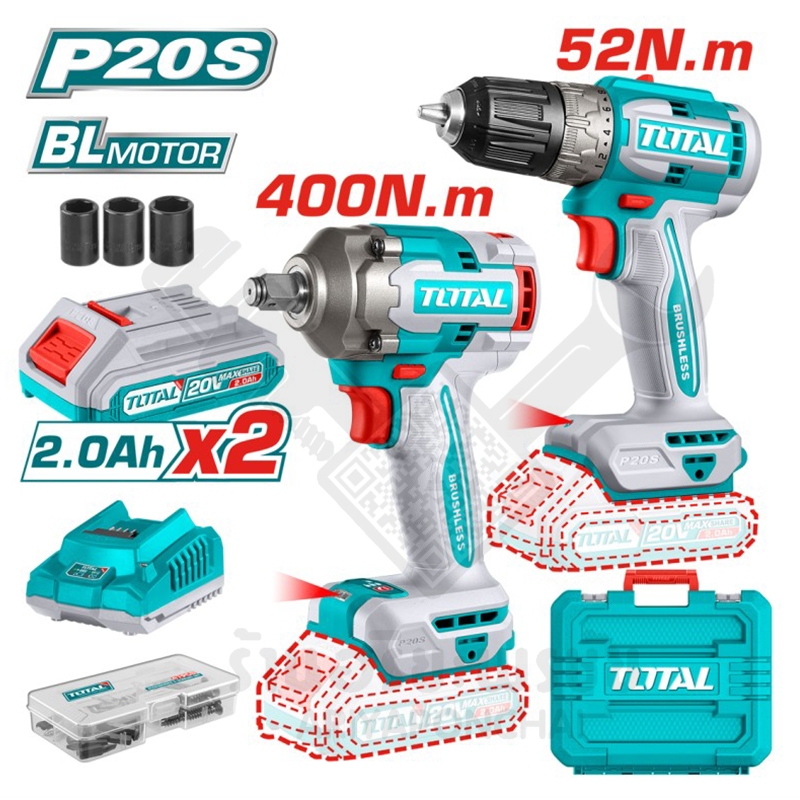 บล็อกกระแทก ไร้สาย 400N x สว่านไขควง ไร้สาย 52N BL motor 20V Total Combo set 47 TCKLI20271 สว่านไร้สาย